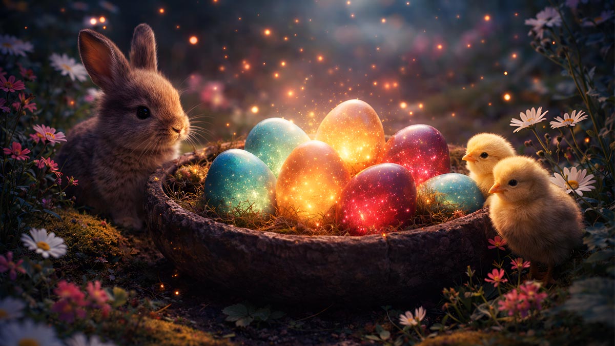 Fantasy Easter glowing eggs HD wallpaper with bunny and chicks