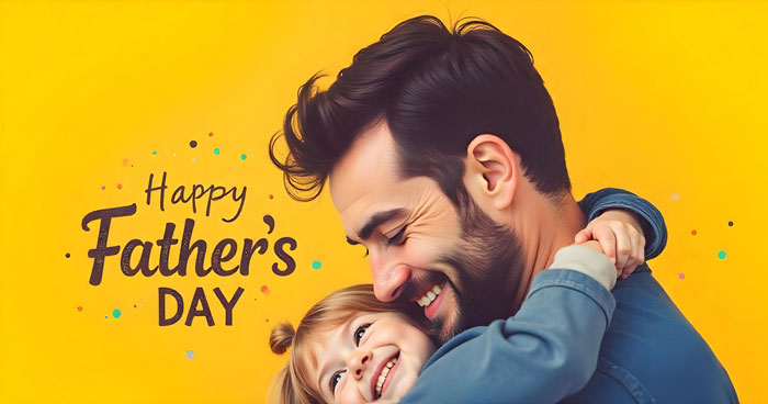A joyful Happy Father's Day graphic showcasing a father and child sharing a warm embrace