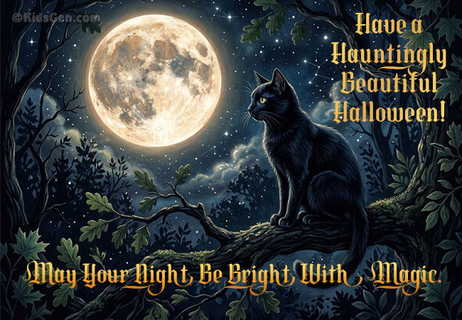 A friendly black cat under a full moon, Halloween greeting card for kids