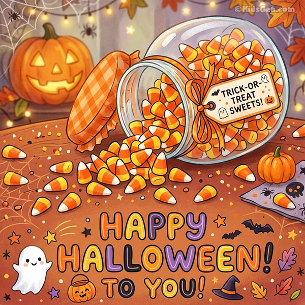 Candy corn spilling from a glass jar, Halloween greeting card for kids
