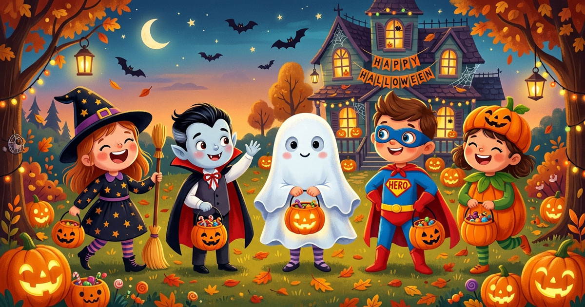 Kids celebrating Halloween in colorful costumes with pumpkins and a haunted house