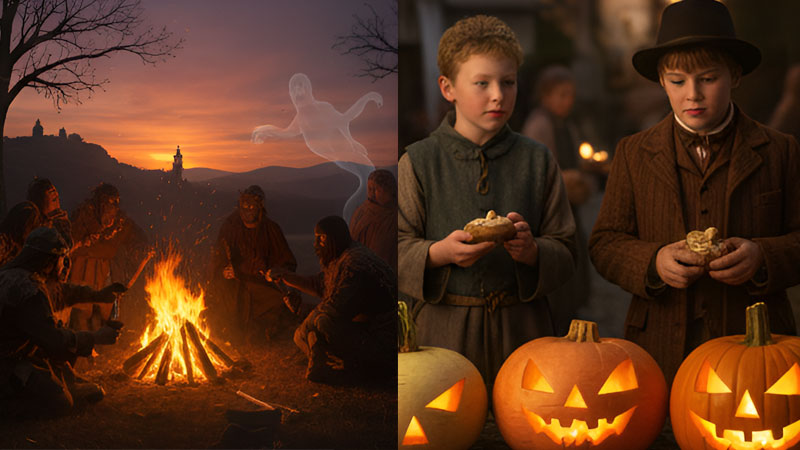 History of Halloween, showing a Samhain bonfire ritual with a ghost and two boys with Jack-o'-lanterns and treats