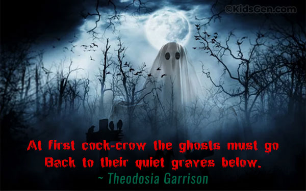 Quotes on Halloween with a background of a grave, crows and a ghost