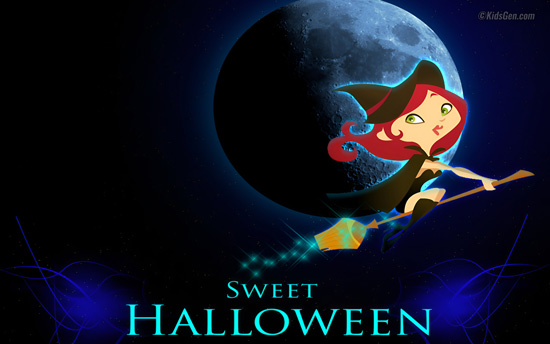 HD Halloween wallpaper: Cartoon witch flying on broomstick in front of a blue full moon
