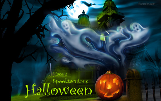 HD Halloween wallpaper themed with a haunted house with flying ghosts, spooky tree, glowing jack-o'-lantern