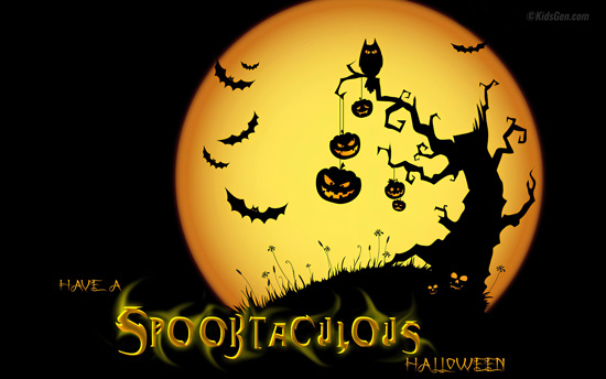 Halloween wallpaper with a background of spooky tree silhouette with hanging jack-o'-lanterns, owl, flying bats, and full orange moon