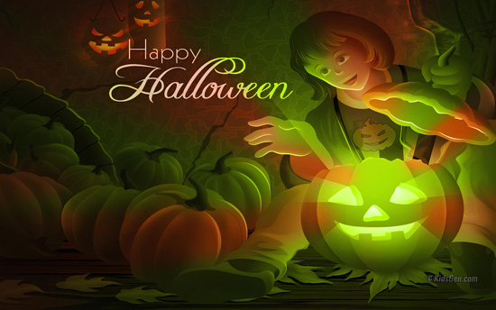 HD Halloween wallpaper: Young child sitting among pumpkins, carving a bright green glowing jack-o'-lantern