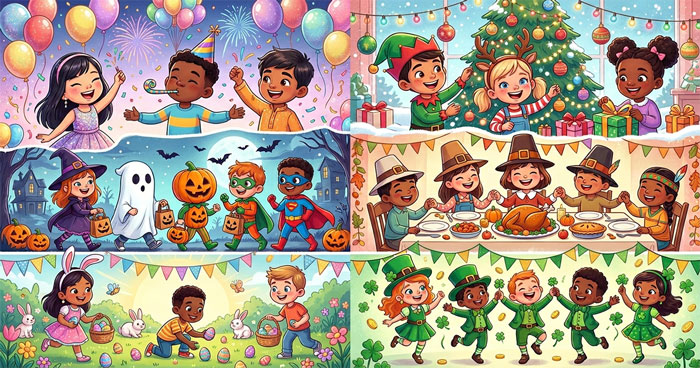 A vibrant collage of diverse kids celebrating various seasonal holidays and festive events in a colorful cartoon style.