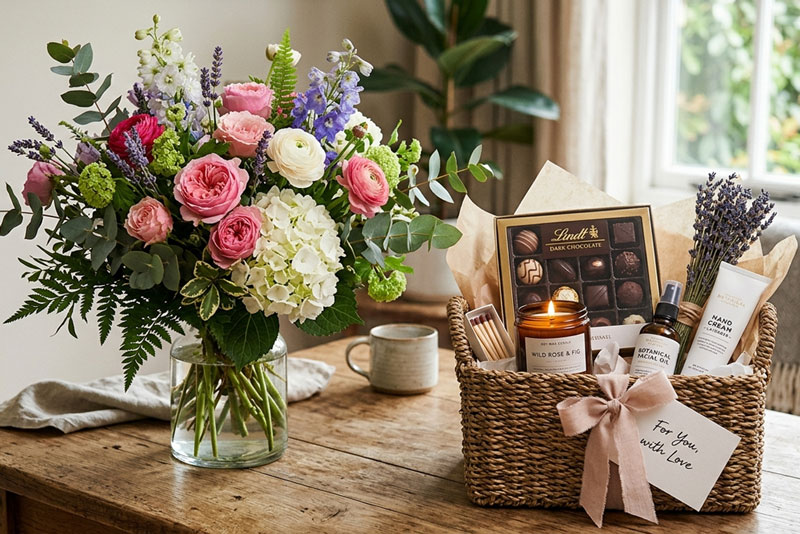 Beautiful Mother’s Day flower bouquet with curated gift basket and chocolates