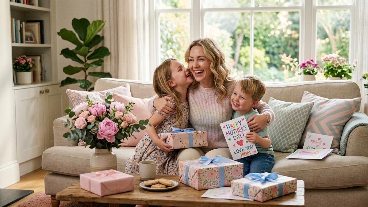 Children surprising their mom with gifts on Mother's Day celebration