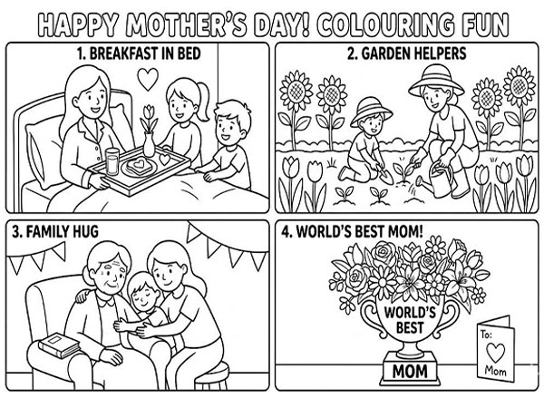 Four-panel Mother's Day coloring sheet showing breakfast in bed, garden helpers, family hug and world's best mom trophy