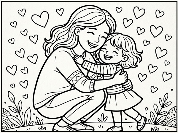 A black and white Mother's Day coloring page featuring a mother and young child sharing a warm hug surrounded by floating hearts.