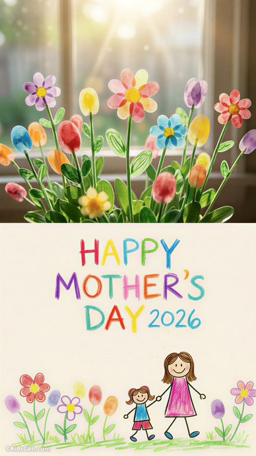 A vibrant Mother's Day mobile phone wallpaper featuring a message with child-like flower drawings, fingerprint art, and a stick-figure illustration of a mother and daughter holding hands