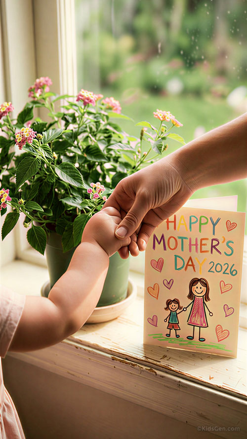 A vertical wallpaper featuring a mother and child holding hands next to a potted flower and a handmade 'Happy Mother's Day 2026' card on a windowsill