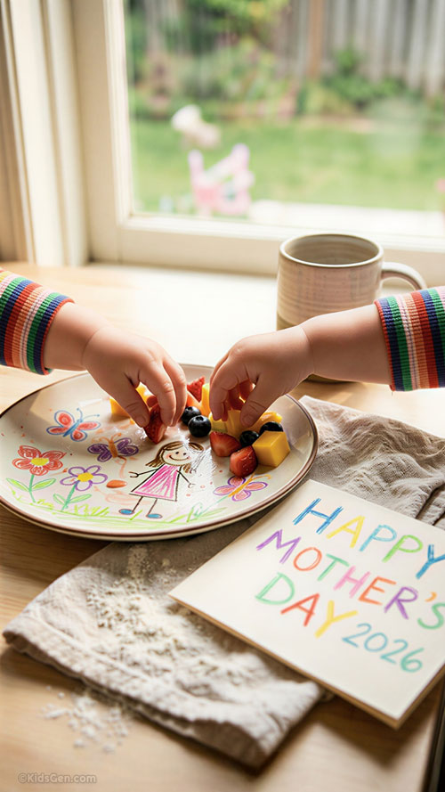 Close-up of a child's hands reaching for fruit on a hand-painted plate next to a "Happy Mother's Day 2026" card, perfect as a sentimental smartphone wallpaper