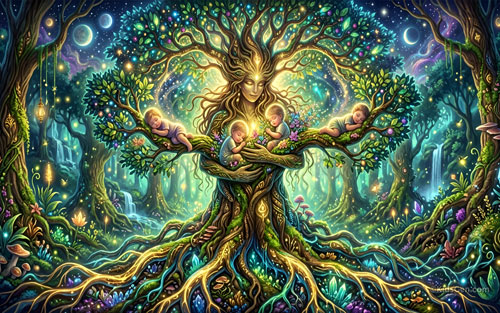 Mother’s Day wallpaper showing a symbolic tree of life mother forming branches while nurturing children in a glowing mystical setting