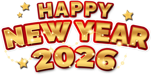 A cheerful New Year 2026 graphic featuring colorful decorations and a celebratory atmosphere