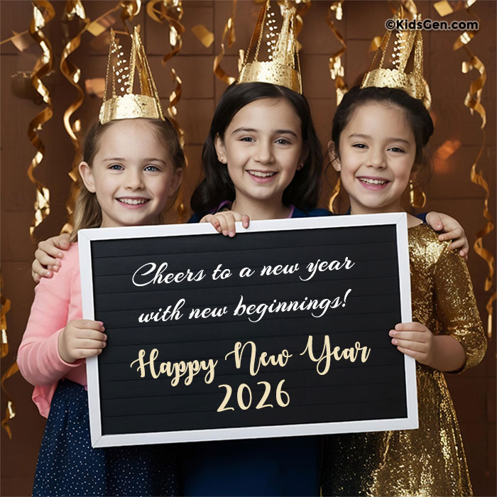 Three young girls in gold party hats holding Happy New Year 2026 banner, perfect for sharing on WhatsApp