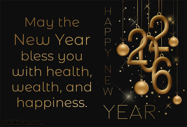 New Year image card, designed for WhatsApp, with '2026' in gold, ornaments, and a blessing for health, wealth, and happiness