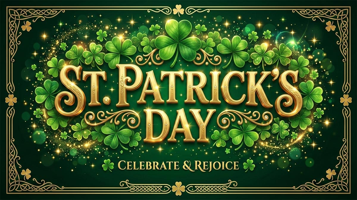 St. Patrick's Day image featuring a dark emerald green background with shamrocks and golden sparkles