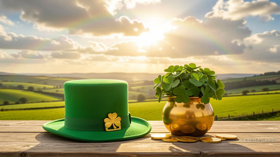 A widescreen HD wallpaper featuring a green leprechaun hat, a gold pot filled with shamrocks, and gold coins on a wooden table against a rolling green landscape and rainbow.