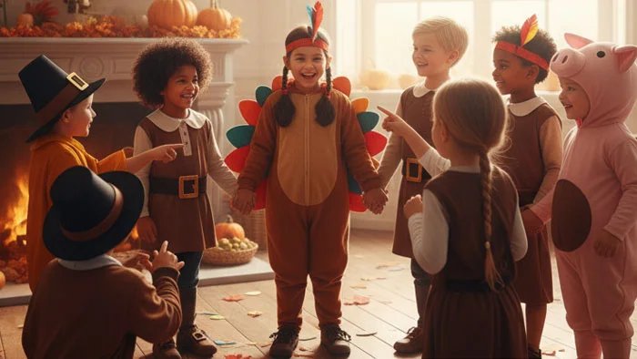 Happy children playing party games during a Thanksgiving celebration.