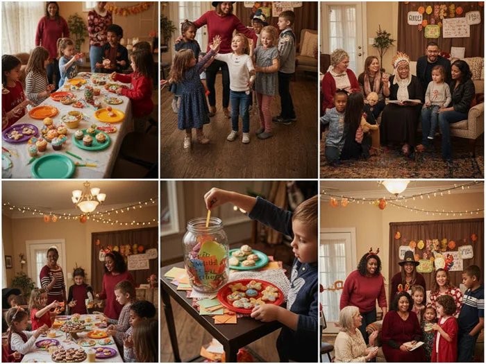 Children and families enjoying Thanksgiving interactive fun and heartwarming activities with games, crafts, and treats.