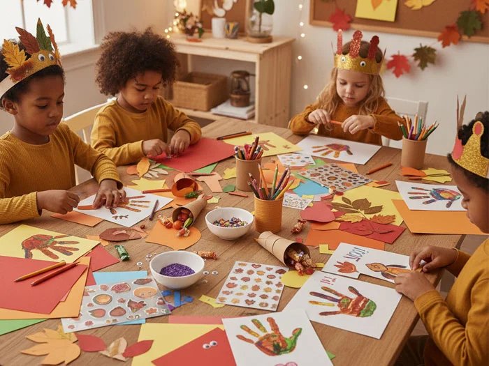 Children making Thanksgiving crafts at a table with paper, crayons, and decorations.