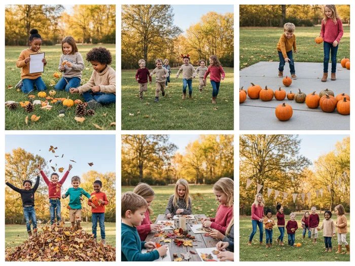 Children enjoying Thanksgiving outdoor adventures with fall leaves, pumpkins, and fun games in a sunny park.