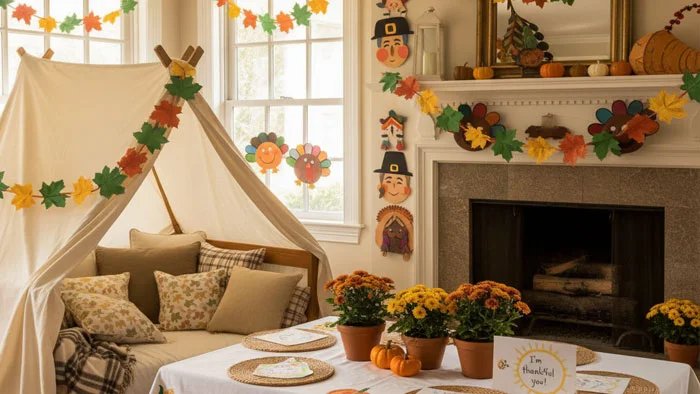 Cozy Thanksgiving table setup with fall decorations and flowers.