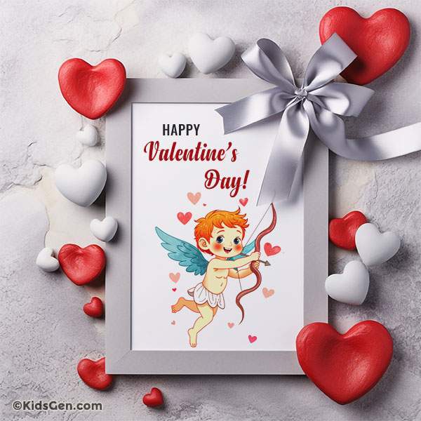 Cute cupid Valentine’s Day greeting card with hearts, perfect for WhatsApp and Facebook sharing