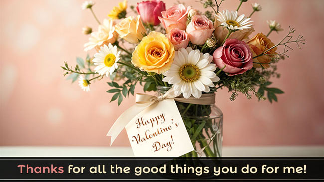 Valentine’s Day greeting card with colorful flowers and thank you message