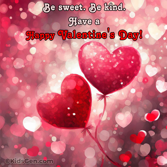 Digital illustration of a Valentine's Day card with red sparkling heart balloons