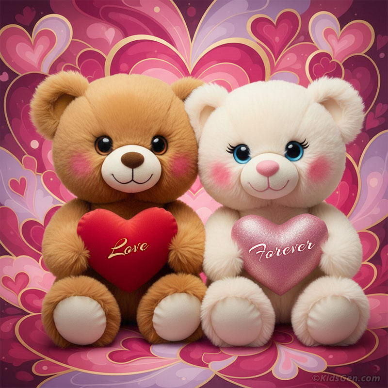 Valentine’s Day cute teddy bears holding red and pink hearts