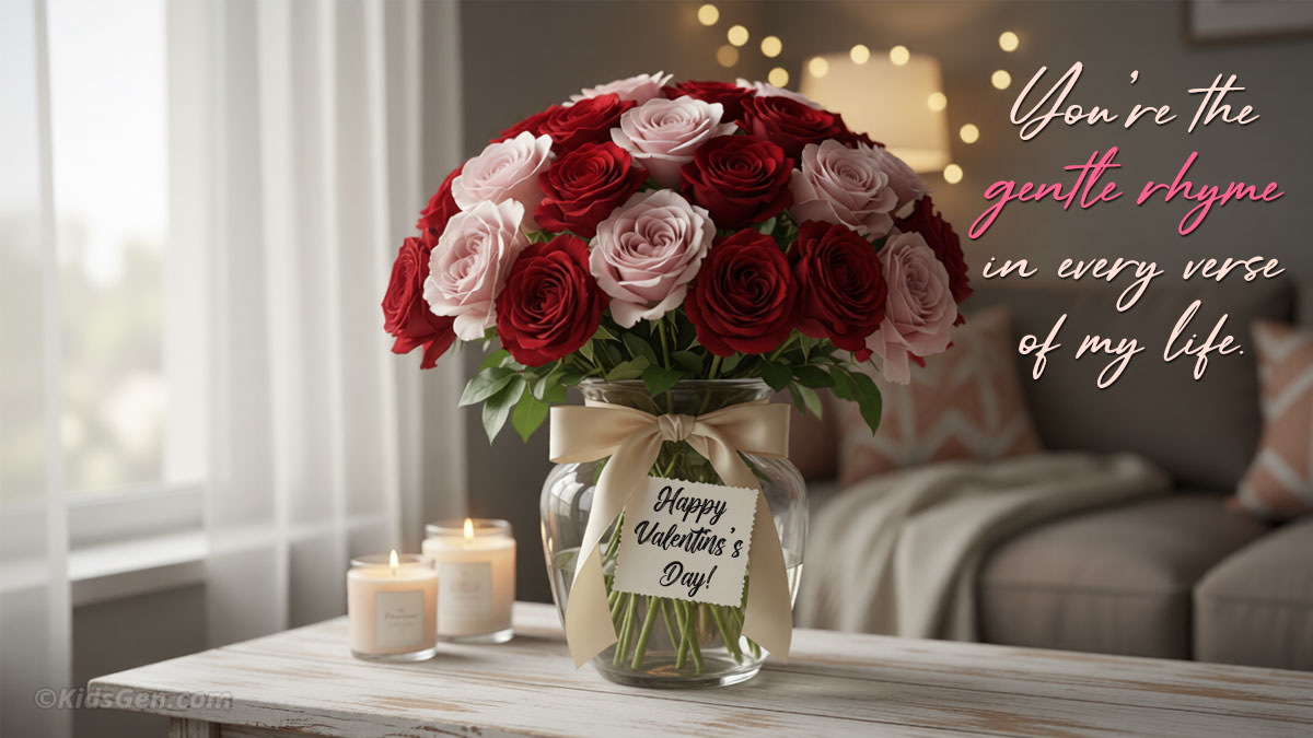 Romantic Valentine’s Day rose bouquet in a vase with a poetic love message