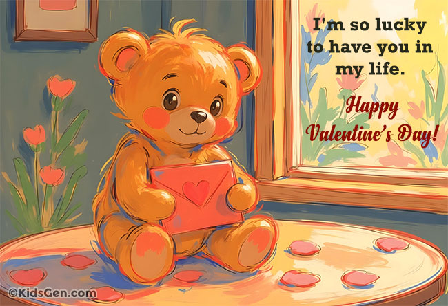 Illustration of a cute teddy bear holding a Valentine's Day card with a heartfelt message