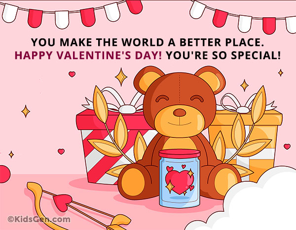 Valentine's Day Greeting Cards - A cute teddy bear, gifts and hearts for kids