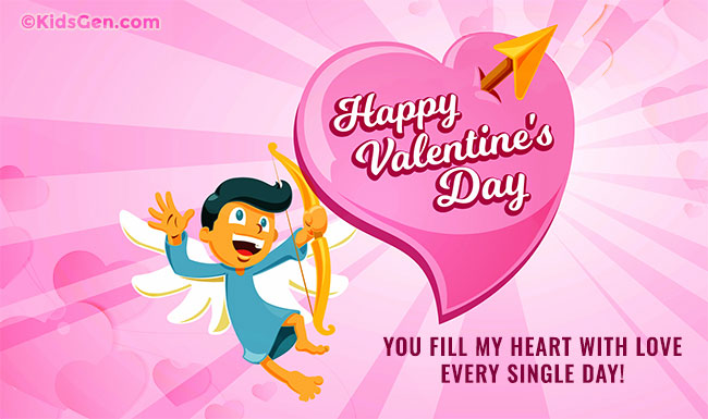 A cheerful Valentine's Day card for kids, featuring a cartoon cupid with bow