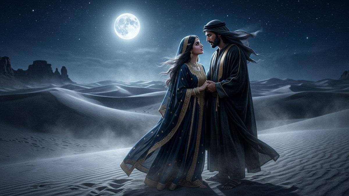 Laila and Majnu meeting secretly under the moonlight in the Arabian desert