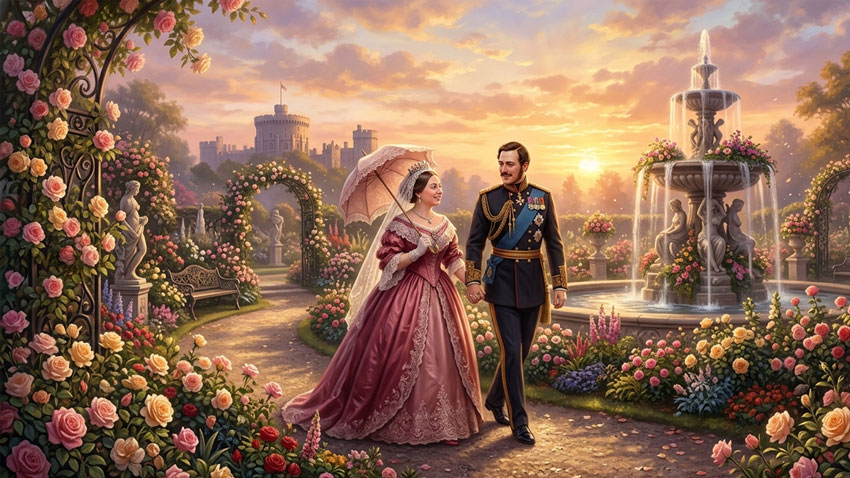 Romantic garden scene featuring Queen Victoria and Prince Albert surrounded by roses and fountains