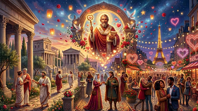 Artistic depiction of Saint Valentine symbolizing eternal love through the ages