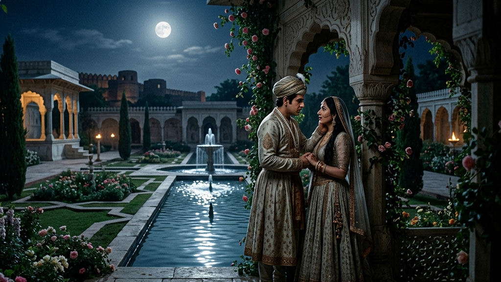 Salim and Anarkali secretly meeting in Mughal palace gardens at night under moonlight, symbolizing forbidden love and emotional tension