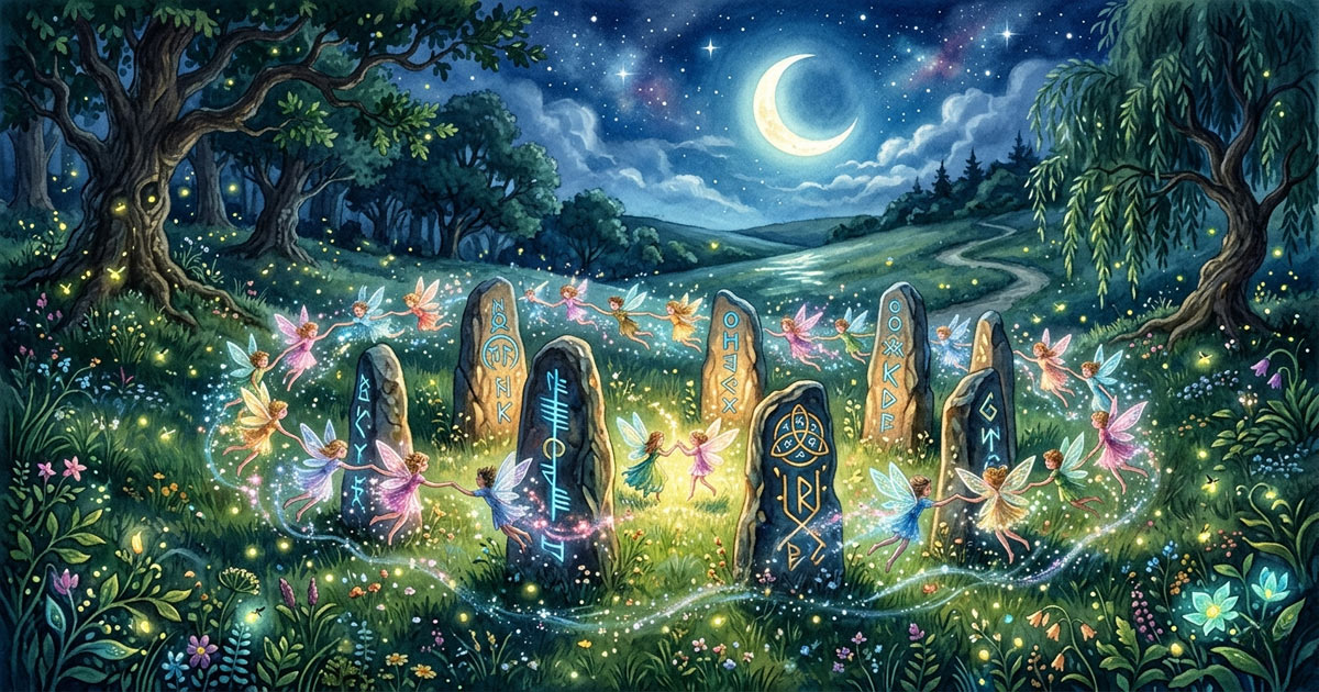 Fairies dancing around an ancient stone circle under moonlight in Celtic fairy tales