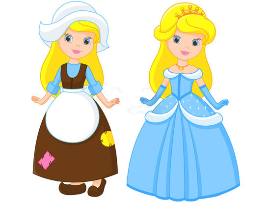 Cinderella with poor dress and beautiful dress