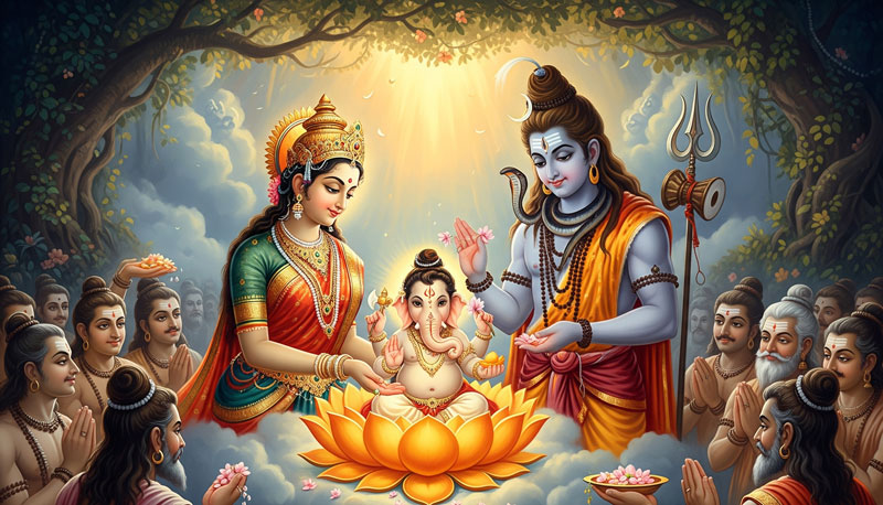 The birth of Lord Ganesha, with Lord Shiva and Parvati.