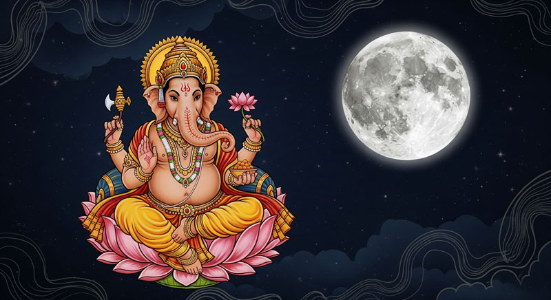 Lord Ganesha with the Moon – the story of Ganesha’s curse on Chandra.