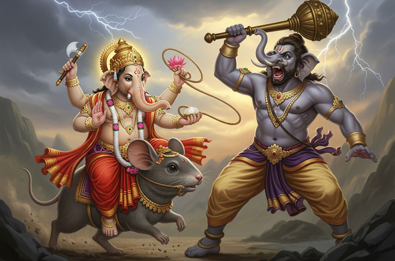 Lord Ganesha on his mouse battles Gajamukhasura.