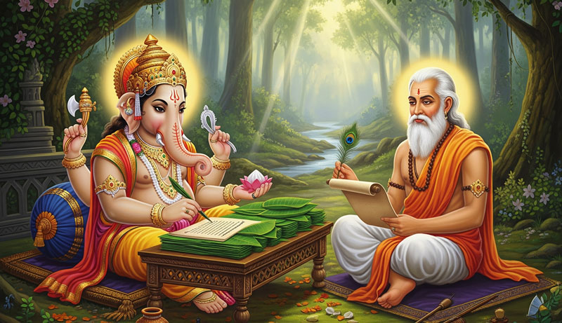 Lord Ganesha writing Mahabharata with Ved Vyasa.