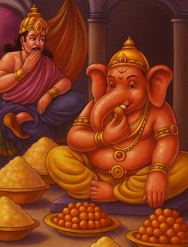 Lord Ganesha eating sweets while Kubera watches with surprise in a mythological story.