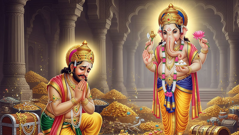Kubera seeking forgiveness from Lord Ganesha surrounded by treasures.